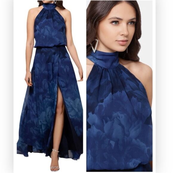 Betsy & Adam A24822P Halter Mock Neck Front Slit Floral Blouson Maxi NWT $220 - Picture 1 of 4